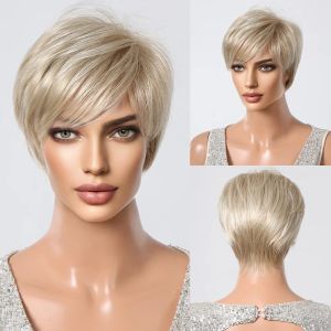 Short Pixie Cut Brown Synthetic Wigs with Bangs Natural Straigth Hair Wigs for Women Daily Cosplay Wig Heat Resistant Fiber