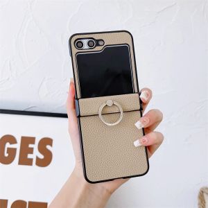 szhaiyu | For Samsung Galaxy Z Flip 8 7E 7 6 5 4 Luxury Litchi Grain Leather Case With Metal Ring Bracket Rotating Stand Shockproof Cover