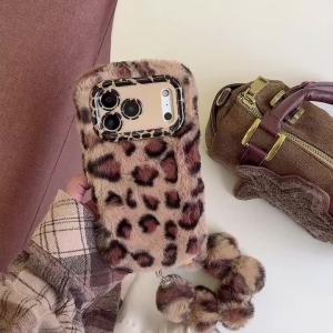 EOENKK | Warm Fluffy Plush Leopard Print Phone Pase for iPhone 17 16 15 14 13 12 11 Pro Max Plus Holder Stand Cover with Furry Band Chain