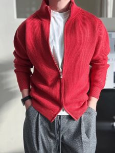 Red Knitted High Collar Sweater Mens Autumn Winter Fashion Double Zipper Stand Collar Knitwear Lucky Year Half High Collar Cardigan