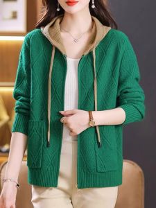 ใหม่ 100 ขนสัตว์ มีฮู้ด ซิป เสื้อสเวตเตอร์ถัก ผู้หญิง ทันสมัย เสื้อโค้ท หลวม แขนยาว คาร์ดิเกน ความยาวปกติ สไตล์การเดินทาง