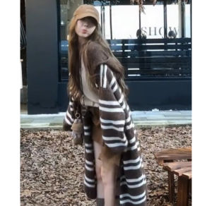 YUEZHONGWEI | Color Block Striped Hooded Mid Length Cardigan