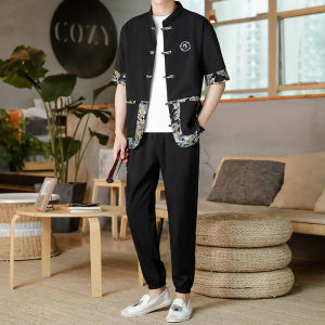 New Chinese Style Mens Short Sleeve T-Shirt Cotton Linen Style Set V-neck Ice Silk Breathable Summer Fashion