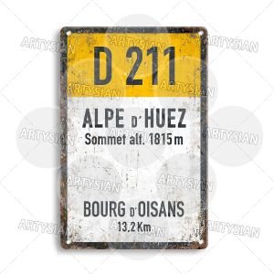CIFbuy | Tour De France Cycling Metal Sign - Features ALPE DHUEZ & Other Famous Cols - Ideal for Cycling Enthusiast Decor