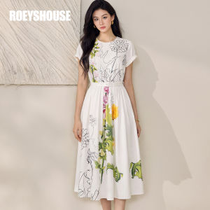 Roey s house | Round Neck Waist-accentuating Printed Dress for Summer Office and Vacation Wear Short-sleeve A-line Midi