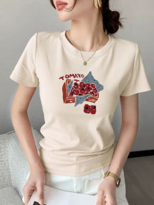 Áo Thun Cotton Cổ Tròn in Họa Tiết Thời Trang Mùa Hè Màu Đào Phong Cách Hàn Quốc Dáng Ôm Vừa Vặn Chất Liệu Thoáng Khí