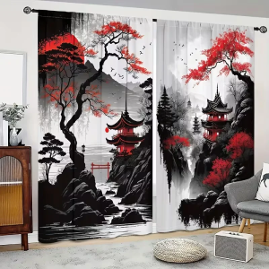 2 Tấm Rèm Cửa In Họa Tiết Mực Phong Cách Nhật Bản Kèm Túi Đựng Rèm Dành Cho Phòng Ngủ & Phòng Khách Phong Cách Hiện Đại Chất Liệu Polyester