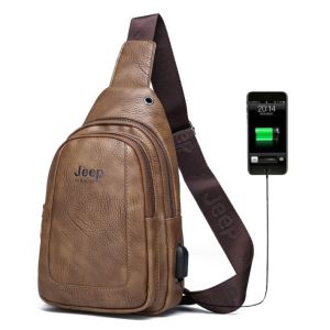 JEEP BULUO Mens Chest Sling Bag Travel Hiking Cross Body Messenger Shoulder bags Leather Bag