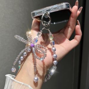 Designer Edition Adorable Pearl Lucky Bowknot Phone Lanyard with Rhinestones  Exquisite Handheld Chain Clip-on Accessory