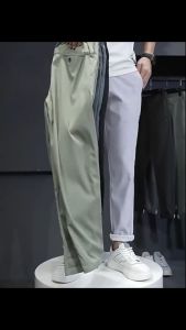 Summer high elasticity mens earth ice silk casual pants mens waistband can be tied super elastic pants summer mens hanging trousers