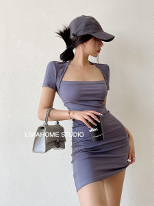 Liviahome Spicy Short Sleeve Shoulder Wrap Dress Womens Summer Tight Fit High Neck Short Skirt Street Style Pure Color