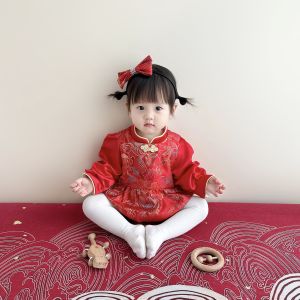 Red Celebration Chinese Style One Year Old Baby Girl Birthday Ceremony Clothes Long Sleeve Polyester Fiber Party Outfit