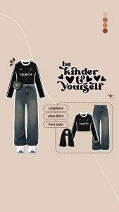 One Set 3in1 Skena Outfit Longsleeve Woodlays | Celana Jeans Retro Highwaist | Jilbab Paris Jadul - KA157