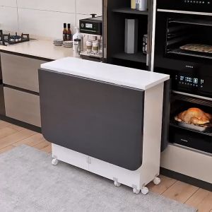 Folding table household small rectangular simple and easy to function with wheels moving dining table 4 people