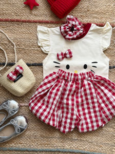 Cute Kitty Cat Print Top And Bloomer Pants Set Short Sleeve Short Shorts for Toddlers Kids Fashionable Korean Style Baby Outfit