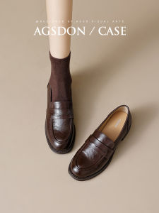 Agsdon Brown Flats Womens Shoes Thick Heel Casual round Toe Synthetic Leather Rubber Outsole Fashionable British Style