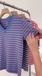 Áo thun sọc nữ cổ tim TOLI 3 màu Form vừa dáng suông vải cotton 4 chiều mềm mịn - BSA33