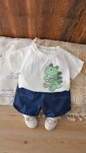 Kids Boys Clothes set 0‑5Y Cute Green Dinosaur Print T‑Shirt Dark Denim Shorts 2Pcs Baby Boys  Summer Casual Cotton Children Outdoor Outfit
