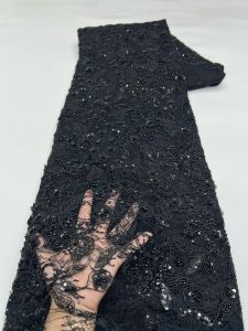 Blue African Groom Beaded Lace Fabric 5 Yards High Quality French Sequins Lace Fabric Nigerian Mesh Wedding Dress Women Sewing