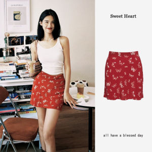 American Retro Small High Waist A- line Red Printed Short Skirt Womens Summer Fashion All-Match Sweet and Spicy Skirt