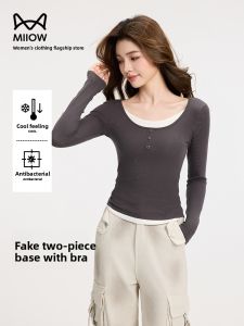 miiow | Plus Size Fake Two-Piece T-Shirt Womens New 2025 Lenzing Lyocell Cotton Slim Fit With Chest Pad Top Round Neck Long Sleeve