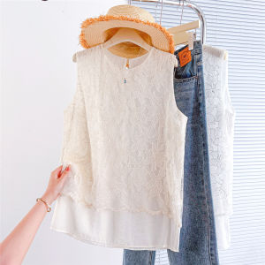 Lace Embroidered Sleeveless Vest Shirt Slimming Faux Layered Top