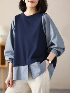 Comfortable Cotton Womens Shirt with Long Sleeves and Button-Up Style Loose Fit Mid to Long Length for Spring and Autumn Size Plus