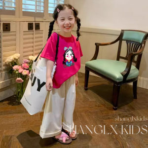 Girls Summer Outfit Set Cartoon Short Sleeve Wide Leg Pants Korean Style Child Clothing Trendy Kids Ensemble for Ages 2-14