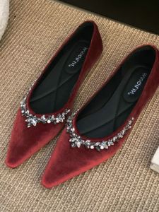 French Elegant Mary Jane Shoes Womens Pointed Toe Velvet Surface Diamond Fashion Low Heel Inner Heightening Single Shoes