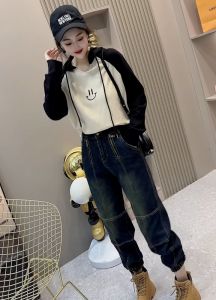 Womens Loose Fit Long Sleeve Hoodie Pure Cotton Printed Face Smile Design Autumn Street Style Comfortable Cotton Sweatshirt