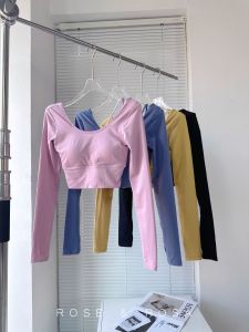 เสื้อยืดแขนยาวทรงสลิมฟิตสำหรับผู้หญิง ชุดโยคะ ชุดออกกำลังกาย ไม่ต้องใส่ชุดชั้นใน เสื้อคลุมกันหนาวแบบสวมหัว คอวี ทรงเข้ารูป