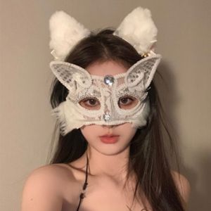 Adult Full Face Lace Masquerade Mask Pure Desire Cat Ear Half Face Hood for Party Halloween Festive Costumes Accessory