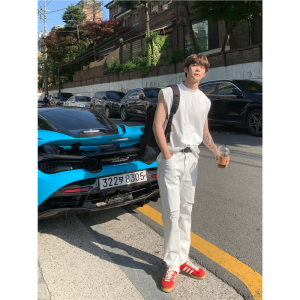 Loose Fit American Street Style Heavyweight Small Collar Shoulder Vest Mens Summer Sportswear Large Size 300 Pounds T-Shirt