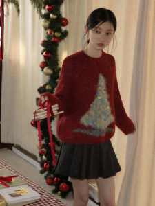 Áo Sweater Len Đỏ Dáng Suông Cổ Tròn