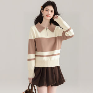 puella | Áo Sweater Len Sọc Cổ Polo Đen Nữ