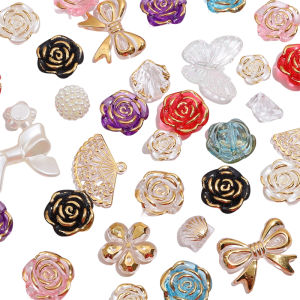 20g/Bag 12-30mm Gold Foiled Acrylic Beads Mixed Rose Flower Butterfly Leaf Charm Pendant For DIY Handmade Bracelet Necklace Keychain Jewelry Making Accessories