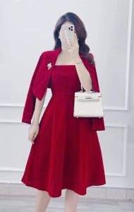 [MÃ LAZADAFAHB01 - GIẢM 30K ĐƠN 100K] Sét bộ áo véc phối váy cúp ngực đỏ Nhung siêu đẹp đầm đẹp dự tiệc .