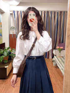 White Long Sleeve round Neck Shirt Womens Fashion French Style Autumn Winter Top Design Sensation Small Audience Cotton Blend