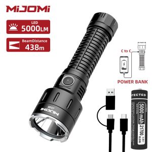 MIJOMI Flashlight J100 5000 Lumens Super High Brightness 21700-5000mAh Rechargeable Flashlight Portable IP68 Waterproof Flashlight with 438m long beam Distance Torch USB Type-C Rechargeable Output Power Torchlight for Emergency Home Fishing Camping