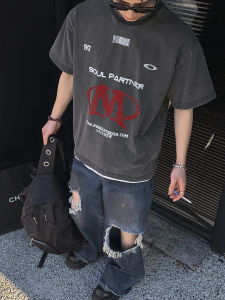 PLTH * เสื้อยืดผ้าฝ้ายระบายอากาศของผู้ชายวินเทจล้างทําความสะอาดได้เฮฟวี่เวทต้นฉบับพิมพ์หลวมพอดีสไตล์อเมริกันเสื้ออเนกประสงค์สําหรับวัยรุ่น