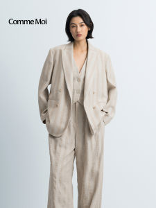 Quality Stripe Linen Double Breasted Women Suit