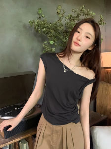 Hello Canon Shoulder Bowed Design Short Sleeve T-Shirt Womens Summer New Waist Cinching Simple Style Top Korean Commute Style