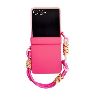 Double Color Contrast Lanyard Matte Case for Samsung Galaxy Z Flip 7 6 5 4 3 8 Hand Wrist Strap Bracket Stand Hard PC Cover
