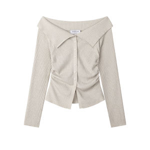 Sweet And Slimming One-Shoulder Knitwear Retro Short Style Polo Neck Korean Fashion by XinmonLee Polyester Long Sleeve T-Shirt