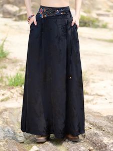 Black Single Layer Thin High Waist Long Skirt with Embroidery Large Flounce Draping Ethnic Style Commute Fashion Half-length Skirt