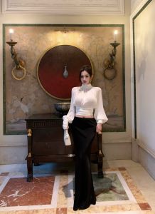 GUZILIAN | French Stylish Temperament Design Lantern Sleeve Blouse and Skirt Set