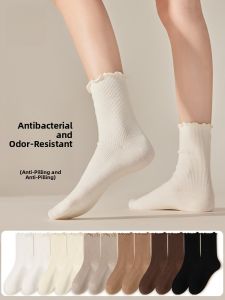 MiiOW | Wire-Free Womens Socks Pure Color Lace Over-The-Calf Comfortable Anti-Bacterial Sweat Absorbent Mid-Calf No-Show Tab Socks