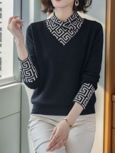 ฤดูใบไม้ร่วง ฤดูหนาว รูปแบบใหม่ ผู้หญิง เสื้อฐานครึ่งสูง ปกเสื้อ เสื้อยืดแขนยาว บล็อกสี โพลีเอสเตอร์ ไฟเบอร์ ลำลอง หลวม Fit