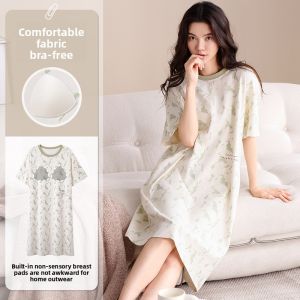 miiow | Pure Cotton Short Sleeve Sleepwear Womens Summer Dress Sweet Round Neck Nightgown With Chest Pad Comfortable Breathable Sleeprobe