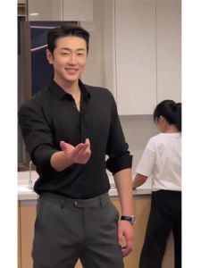 Slim Fit Long Sleeve Mens Shirt Youth Fashion Ice Silk Chiffon No Ironing Seamless Business Commuting Base Layer Black Shirt